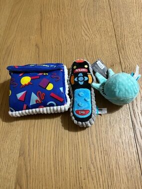 Bark Retro Blue Pattern, Teal Plush Ball & Black Remote Squeaker Toy Set